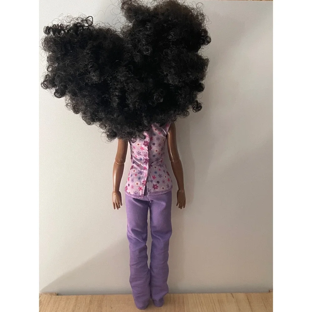 Disney Doll Black Curly Hair Brown Eyes Articulated Floral Top Purple Pants